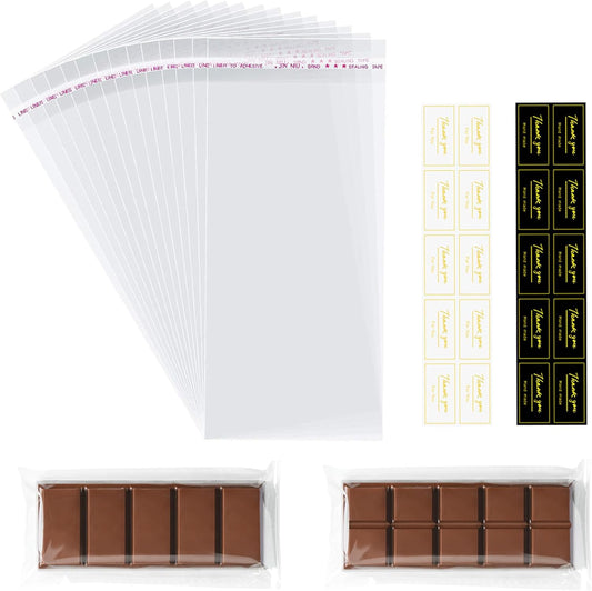 Knafeh Pistachio Chocolate Wrappers with Thank You Stickers - 100 Pcs Self-Adhesive Plastic Wax Melt Snap Bar Bags (2.5 x 7.1 Inch)