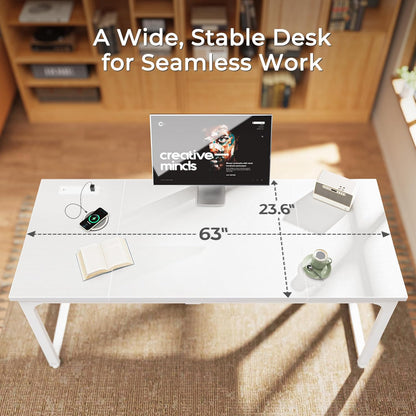 63 x 24 Inch Heavy-Duty Office Desk with Power Outlets & USB-C, Enhanced Desktop Thickness, Sturdy Metal Frame, Ideal for Home Office and Gaming