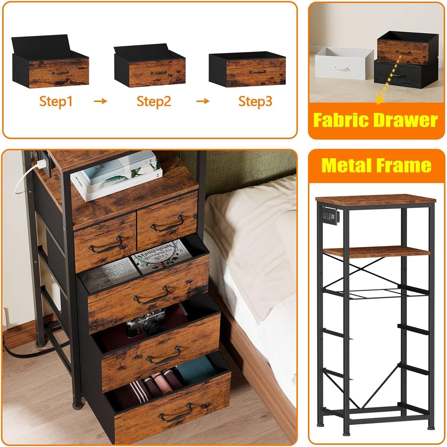 Rustic Brown Vertical Chest with Wood Top, Charging Station, LED Lights, and 5 Fabric Bins - Multifunctional Dresser and Nightstand for Bedroom and Entryway