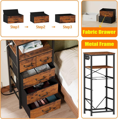 Rustic Brown Vertical Chest with Wood Top, Charging Station, LED Lights, and 5 Fabric Bins - Multifunctional Dresser and Nightstand for Bedroom and Entryway