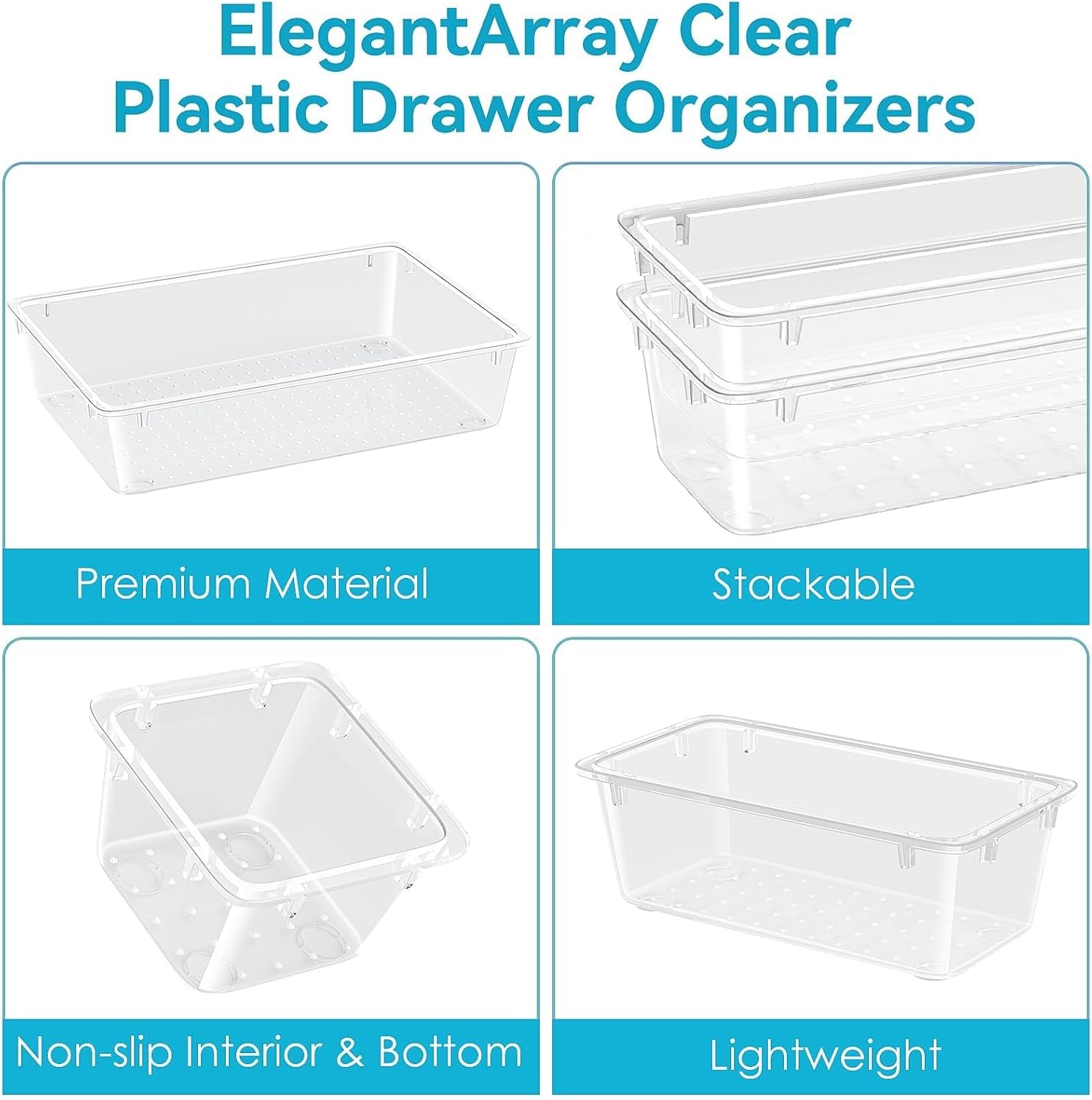 12 PCS Drawer Organizer Set, 4 Sizes Storage Drawer Units, Clear Plastic Makeup Vanity Organizer and Storage Bins for Makeup, Stationeries, Multiple Gadgets for Bathroom, Office, Bedroom