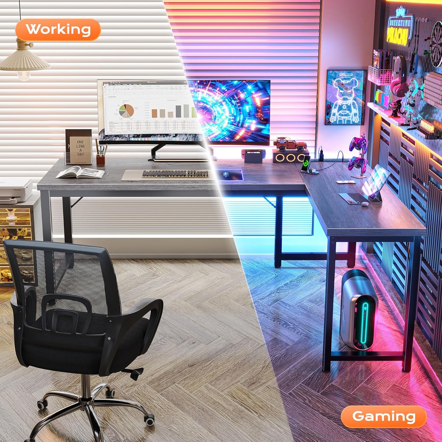 63-Inch L-Shaped Desk with Integrated Power Outlets and USB-C Port, Reversible Design, Spacious Corner Gaming and Office Desk, 0.95-Inch Thick Desktop, Sturdy Metal Frame, Ideal for Home Office and Study, Grey