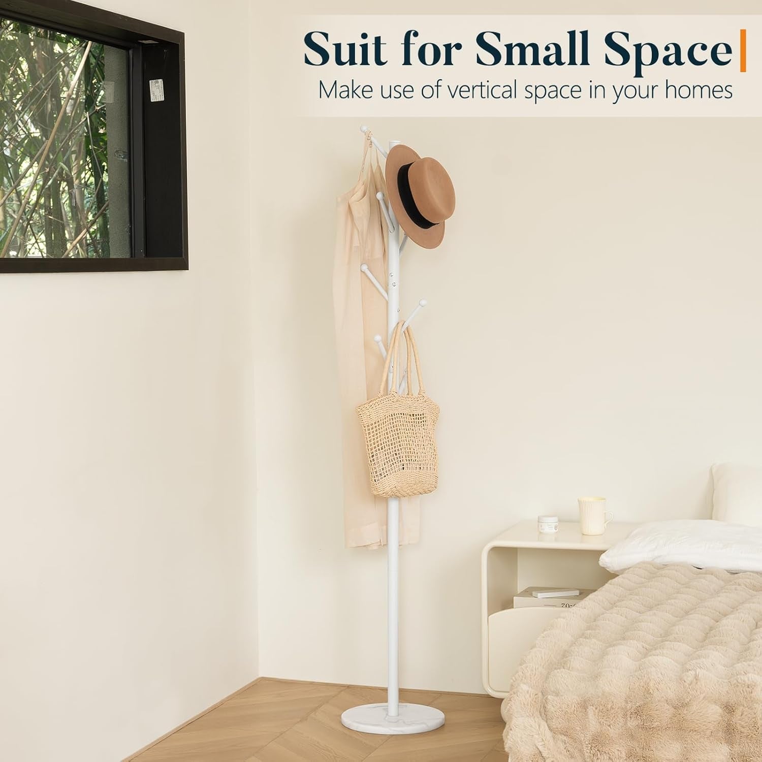 Coat Rack Freestanding with Natural Marble Base, Coat Tree with 8 Hooks Heavy Duty Coat Hanger Stand, Metal Coat Rack Stand for Jacket, Hat, Clothes & Bag, Hall Tree Hat Rack for Entryway