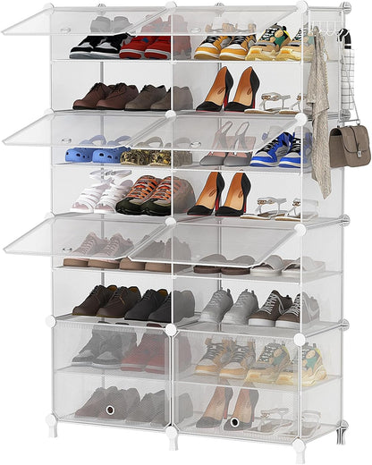 Shoe Rack, 8 Tier Shoe Storage Cabinet with Door, 32 Pair Shoe Organizer Shelves for Closet Hallway Bedroom Entryway, Transparent Twill