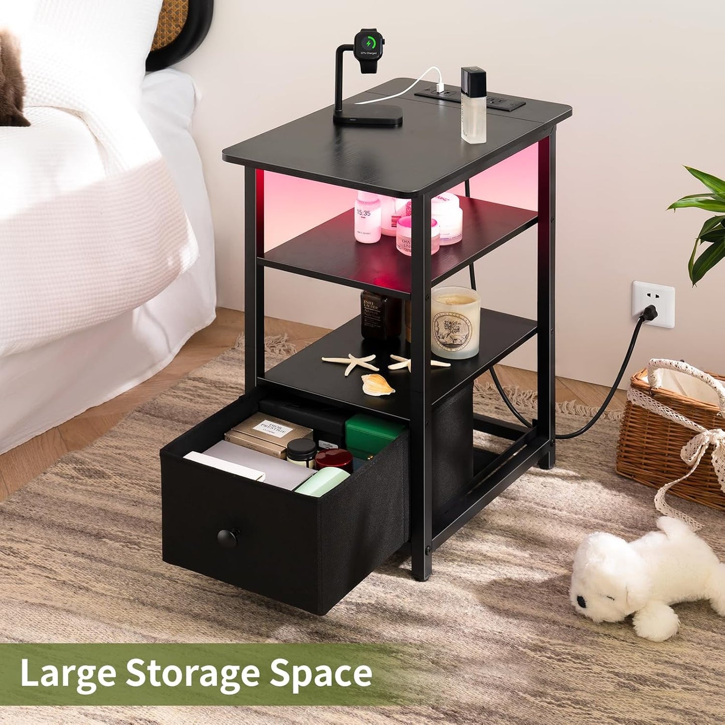 End Table with Charging Station, Narrow Side Table with Adjustable Fabric Drawer, 3-Tier End Tables Living Room, Small Nightstand with Outlets, LED Skinny Night Stand for Bedroom Small Spaces