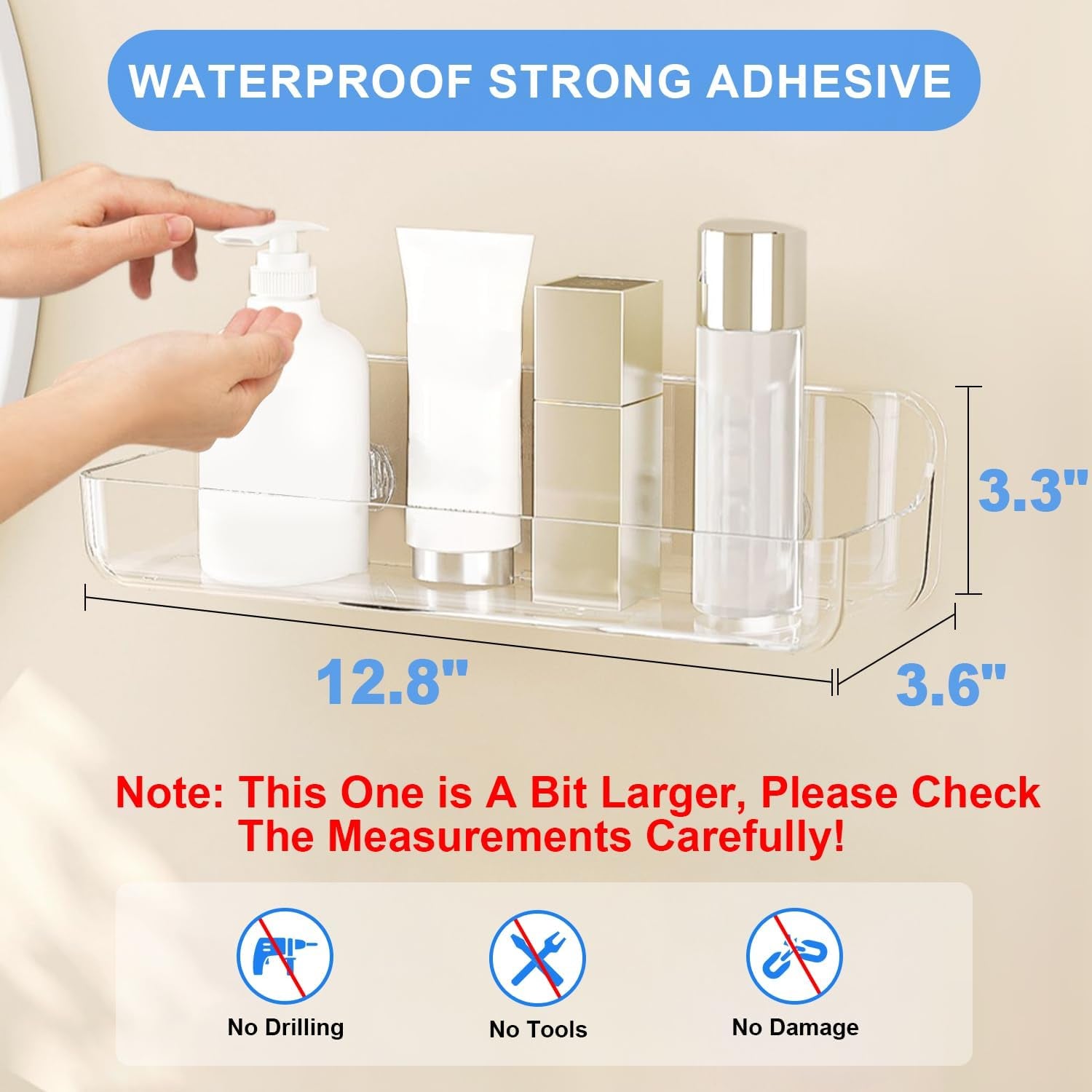 2Pc Acrylic Wall Mount Organizer, Adhesive Shelf, Bathroom Shelves for Wall, Self Adhesive Organizer, Shower Caddies, No Drilling Hang Wall,With 3Pack Tapes, for Bathroom, Kitchen, Living Room