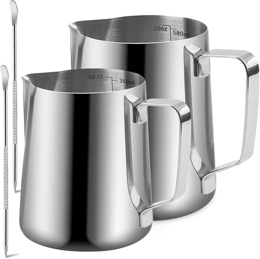 Milk Frothing Pitcher, 2Pcs, 350Ml & 600Ml, Milk Frother Cup Stainless Steel Jug Steaming Pitcher, Milk Coffee Cappuccino Latte Art Barista Steam Pitchers Milk Jug Cup with Decorating Pen