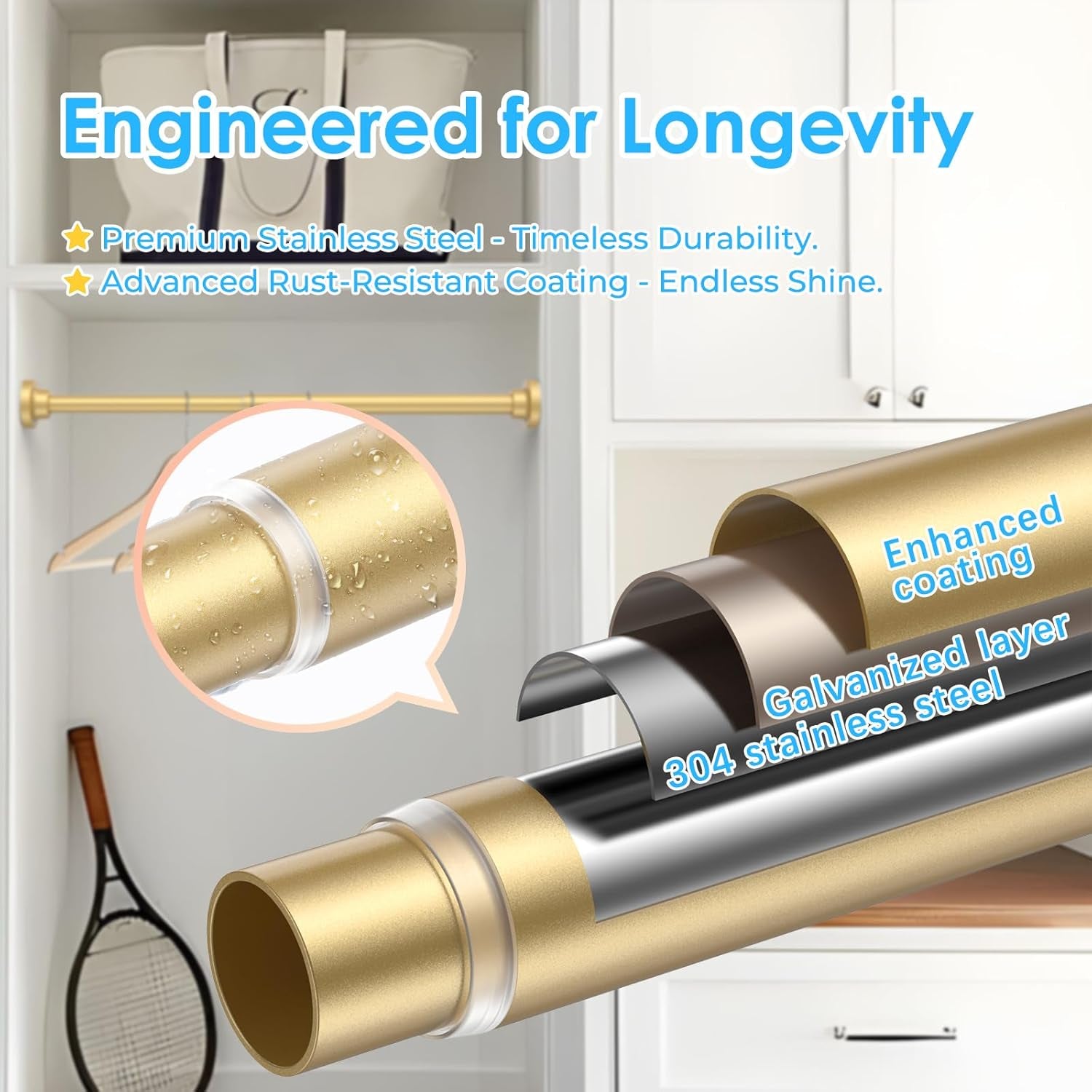 Small Tension Rod 18 to 27 Inch，1 - Inch Diameter Gold Tension Curtain Rod Small Tension Rod No Drilling, anti - Slip, anti - Rust Short Tension Rod