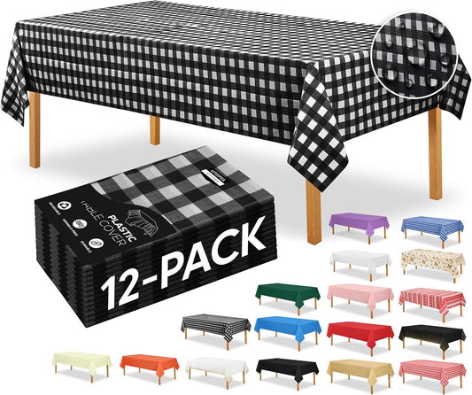 Plastic Table Cloth Disposable (12 Pack - 54X108 Inch) Black Check Rectangle Tablecloth Waterproof Stain Resistant Party Table Cover