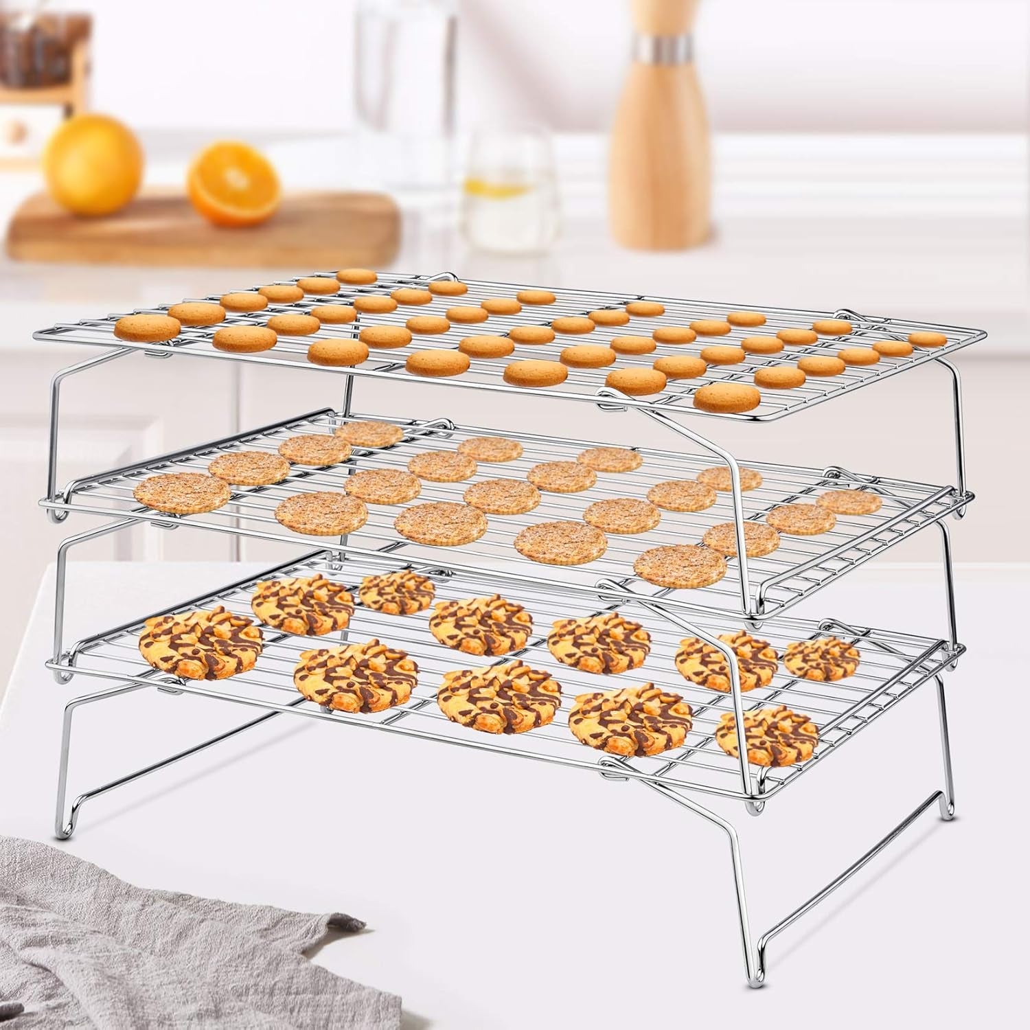 Cooling Rack, 5-Tier Stainless Steel Stackable Baking Cooking Racks for Cooling Roasting Grilling, Collapsible & Heavy Duty, Oven Safe & Easy Clean, 15" X 10", Silver
