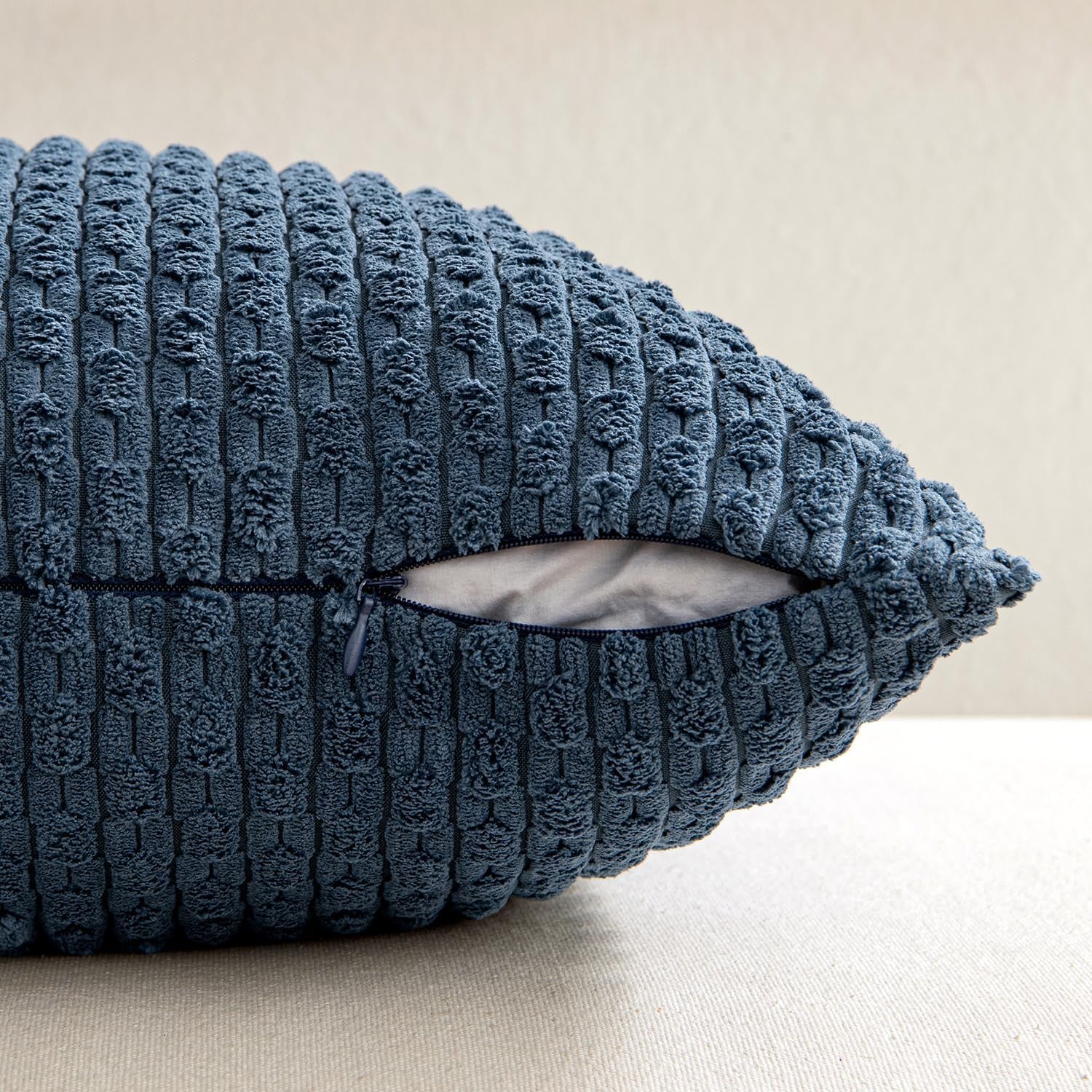 Throw Pillow Covers Soft Corduroy Decorative Set of 2 Boho Striped Pillow Covers Pillowcases Farmhouse Home Decor for Couch Bed Sofa Living Room 18X18 Inch Blue