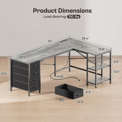 63-Inch L-Shaped Desk with Fabric Drawers, Reversible Computer Gaming Desk Featuring Power Outlets and USB-C Port, Adjustable Side Storage Shelves for Home Office and Study Corner, Grey