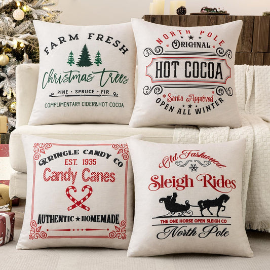 Set of 4 Holiday White Decorative Pillow Covers 18X18 Inch Candy Canes Sleigh Christmas Tree Throw Pillow Cases Winter Seasonal Cushion Cases Home Decors for Sofa Couch Bedroom