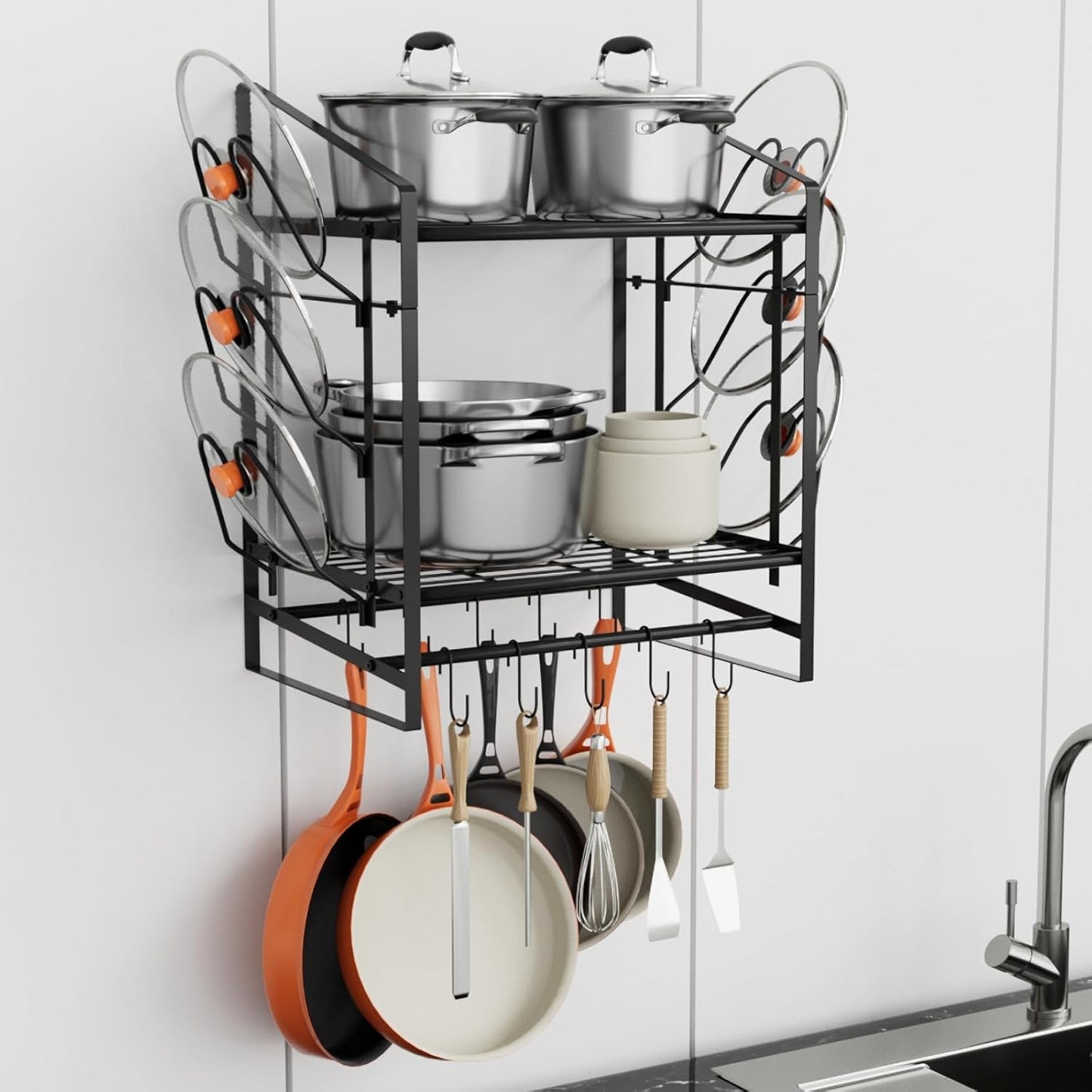 17 Inch Pot Rack Wall Mounted, 2 Tier Pots and Pans Organizer with 10 Hooks and 6 Pot Lid Holders, Heavy Duty Steel Pot and Pan Hanger for Kitchen Cookware Utensils Storage 24" Lx13 Wx20.5 H