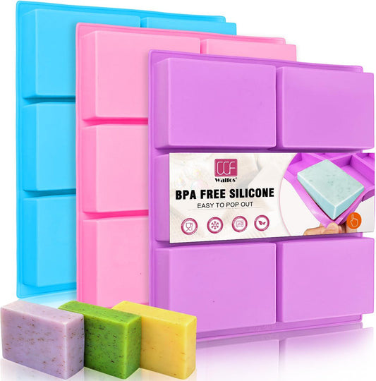 Silicone Soap Molds Set of 3, 6 Cavities Rectangle Silicone Soap Molds for Homemade Craft Soap Mold, Cake,Chocolate ＆ Ice Cube Tray（Blue & Purple ＆ Pink）