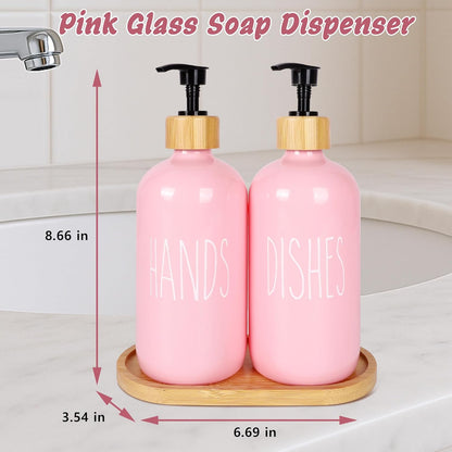 16 OZ Pink Soap Dispenser Women,2 Pack Glass Refillable Dish and Hand Bottles Set Pump Bottle,House Decor Kitchen Accessories with Wooden Pallet Girly