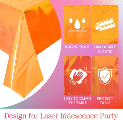 Set of 2 Orange Iridescent Disposable Tablecloths - 40 x 108 Inches - Shiny Holographic Plastic Covers for Party, Wedding, and Banquet Decor