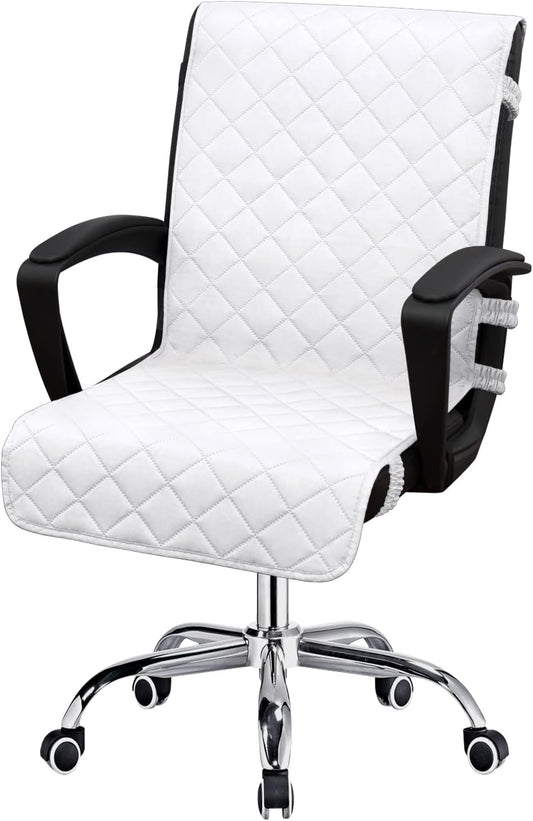 Reversible Office Chair Cover Water Resistant Dining Chair Cover Soft Desk Computer Chair Slipcover with Anti-Slip Buckle for Armchair or Armless Chair (Medium, White/White)