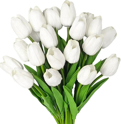 20-Piece Artificial White Tulip Flower Set, 13.5-Inch Silk Tulips for Home and Kitchen Decor - Ideal for Spring, Mother's Day, Easter, Valentine's Day Gifts, and Wedding Decorations