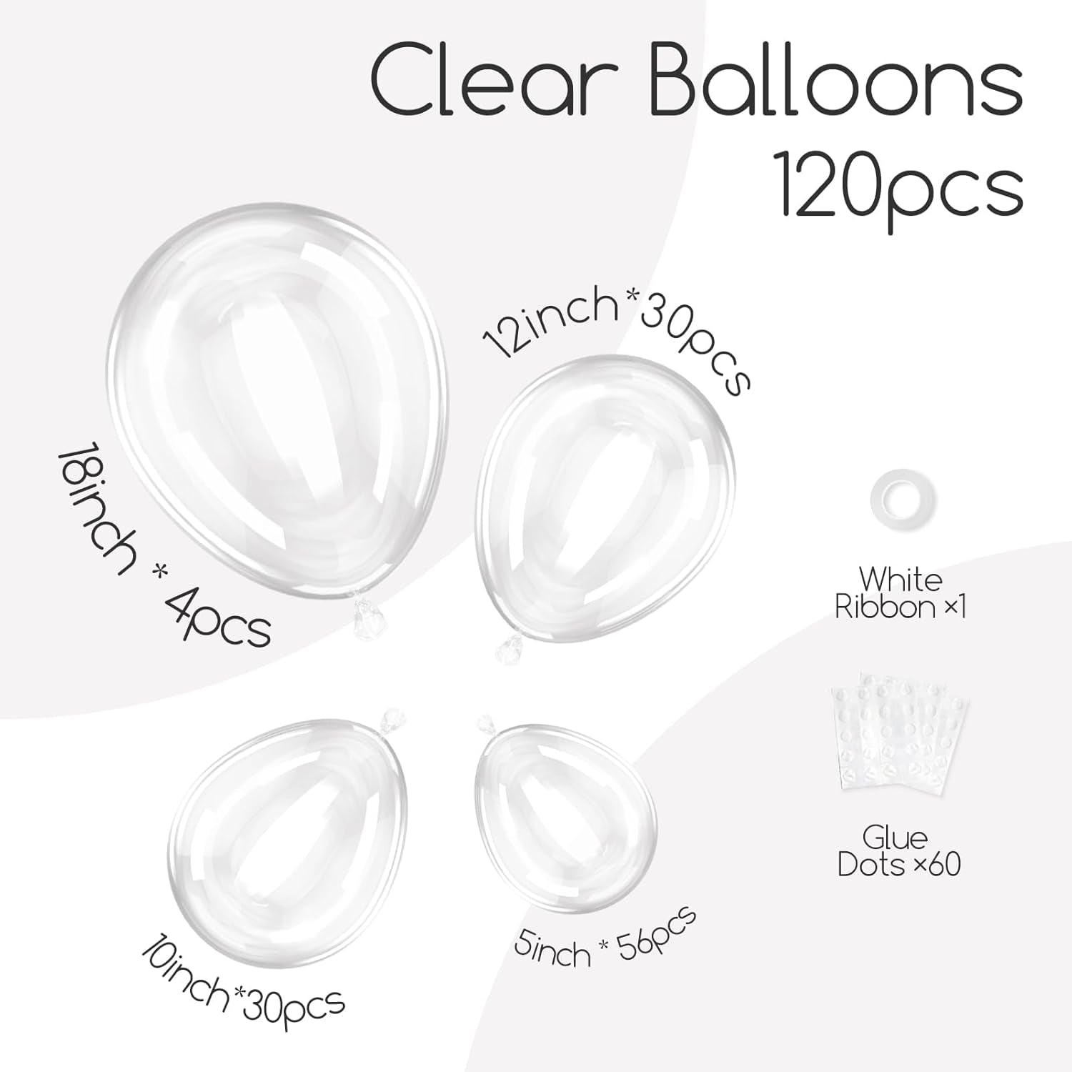 120Pcs Clear Balloons, 18 12 10 5 Inch Transparent Balloons Different Sizes Clear Balloon Garland for Baby Shower Wedding Bridal Shower Birthday Party Decorations