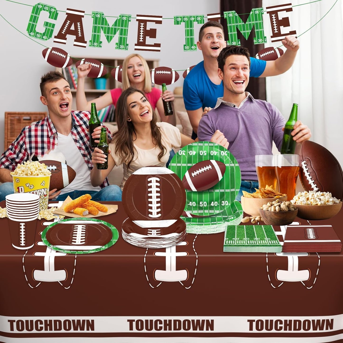 Football Party Supplies Football Themed Party Decorations Including Plates, Napkins, Cups, Banner and Tablecloth for Football Birthday Party Decorations, 24 Guests