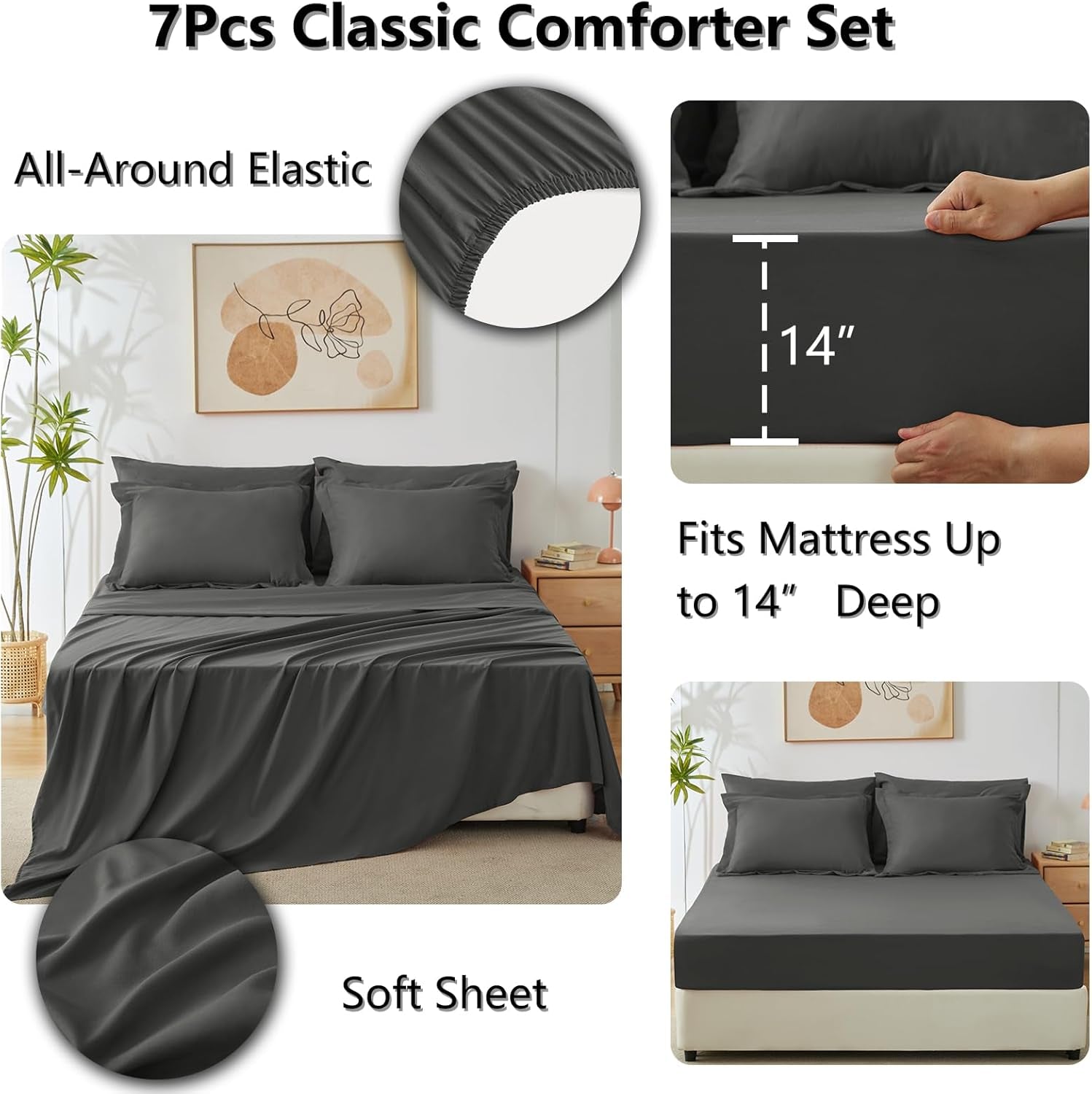 King Bed in a Bag 7-Pieces Comforter Sets with Comforter and Sheets Dark Grey Bundle Pillows King Size Set of 2, Soft and Supportive 3D down Alternative Bed Pillows for Sleeping 2 Pack