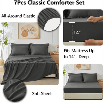 Queen Comforter Set Dark Grey - Bed in a Bag Queen Size 7 Pieces, Luxury Soft Bed Set for All Seasons, Bedding Set with down Alternative Comforter, Sheets, Pillowcases & Shams