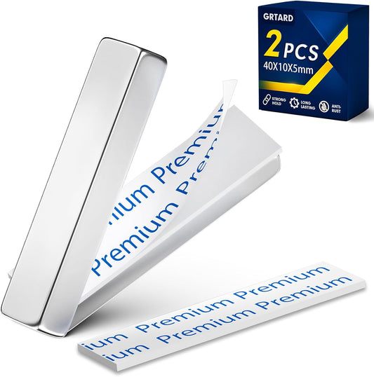 2 Pack Neodymium Bar Magnets, Rare Earth Magnets Metal Neodymium Magnet with Double-Sided Adhesive for Fridge and Office Projects, 40X10X5Mm(Silver)