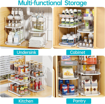 2 Sets of 3-Tier Bathroom under Sink Organizers and Storage, Multi-Purpose Stackable Pantry Organization and Storage, Pull Out Clear Kitchen Bathroom Cabinet Organizer with Movable Dividers