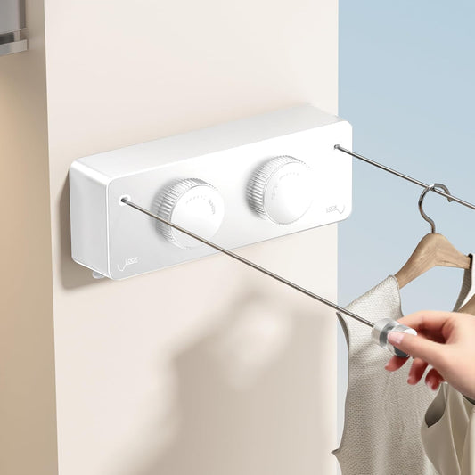Retractable Clothesline Indoor, Non-Sagging Twin Clothes Line Retracting Outdoor Heavy Duty Clothes Drying Laundry Line Wall Mounted Stainless Steel Double Line-13.8 Ft(White)