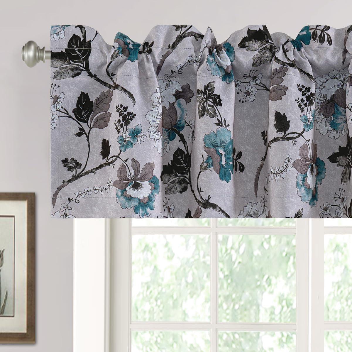 Blackout Curtain Valances for Kitchen Window/Living Room/Bathroom Privacy Added Rod Pocket Home Decoration Winow Valance, 52" W X 18" L, Floral in Grey and Teal