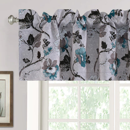 Blackout Curtain Valances for Kitchen Window/Living Room/Bathroom Privacy Added Rod Pocket Home Decoration Winow Valance, 52" W X 18" L, Floral in Grey and Teal