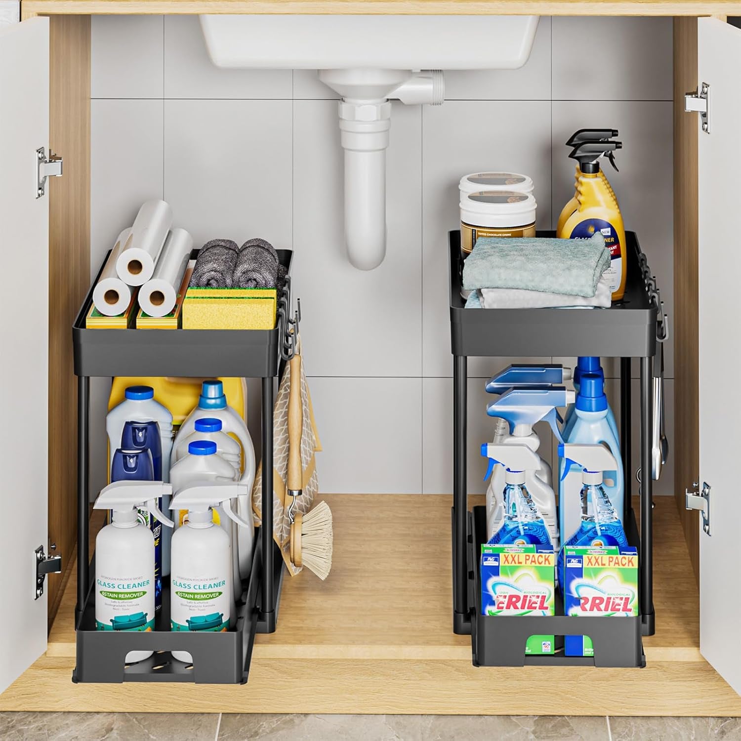 2 Pack under Sink Organizers and Storage, 2 Tier Pull Out under Cabinet Organizer, Black under Sink Storage for Bathroom Kitchen, under Counter Storage Organizer with 8 Hooks