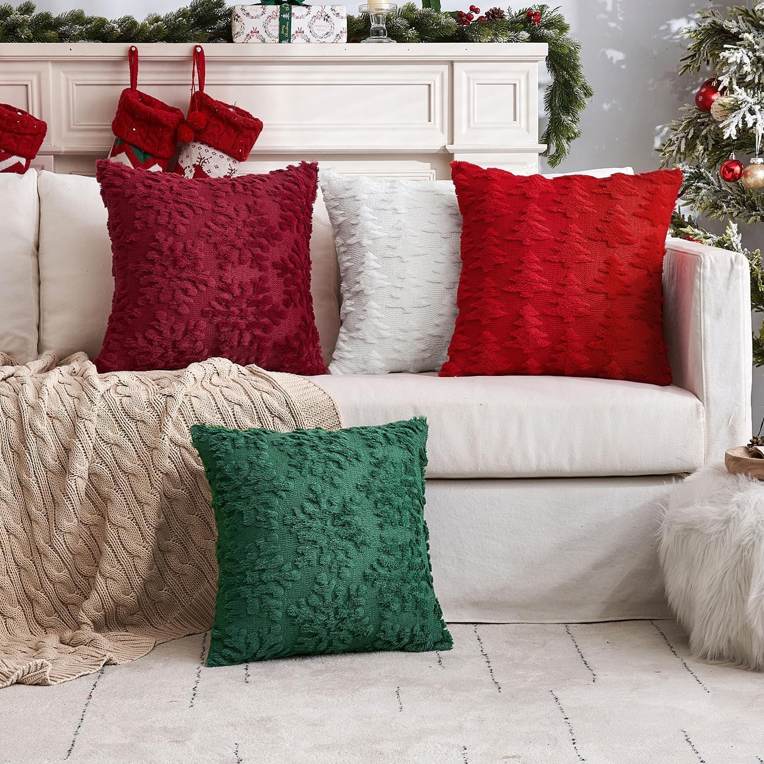 Christmas Pure White Throw Pillow Covers Snowflakes Decorative 18×18 Inch Faux Wool Winter Festival Couch Pillow Covers Set of 2 Farmhouse Holiday Home Decors for Sofa Livingroom Bed