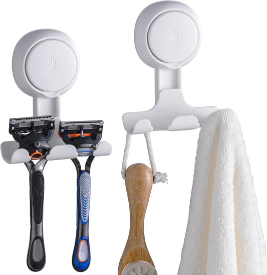 Suction Cup Razor Holder in Shower 2 Pack, Towel, Loofah, Shaver Holder for Bathroom Wall, Powerful Suction Cup Shower Hooks, Easy to Install and Reuse, White