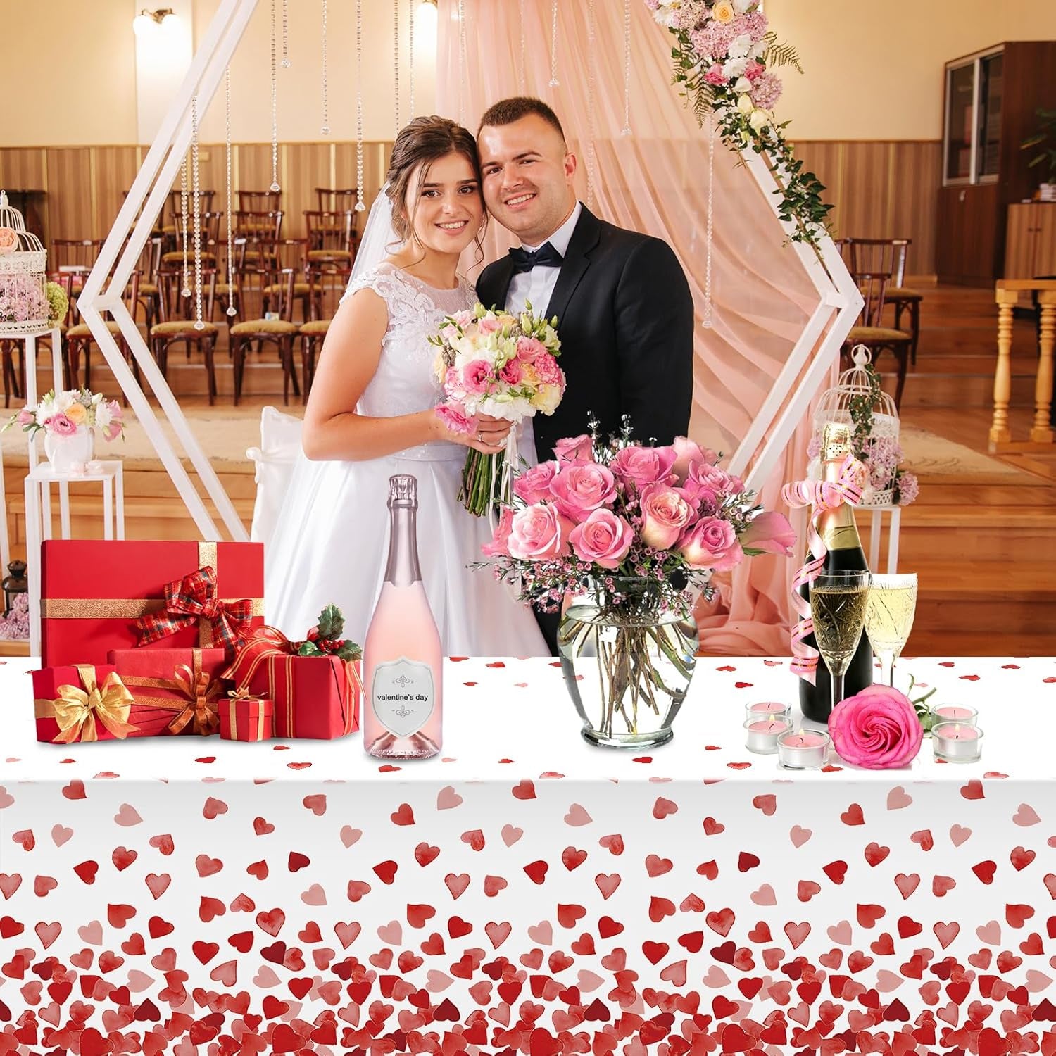 3 Pack 54 X 108In Valentines Tablecloth Disposable Plastic Love Heart Table Cloth Rectangle Table Cover for Galentines Day Wedding Engagement Valentine'S Party Decorations