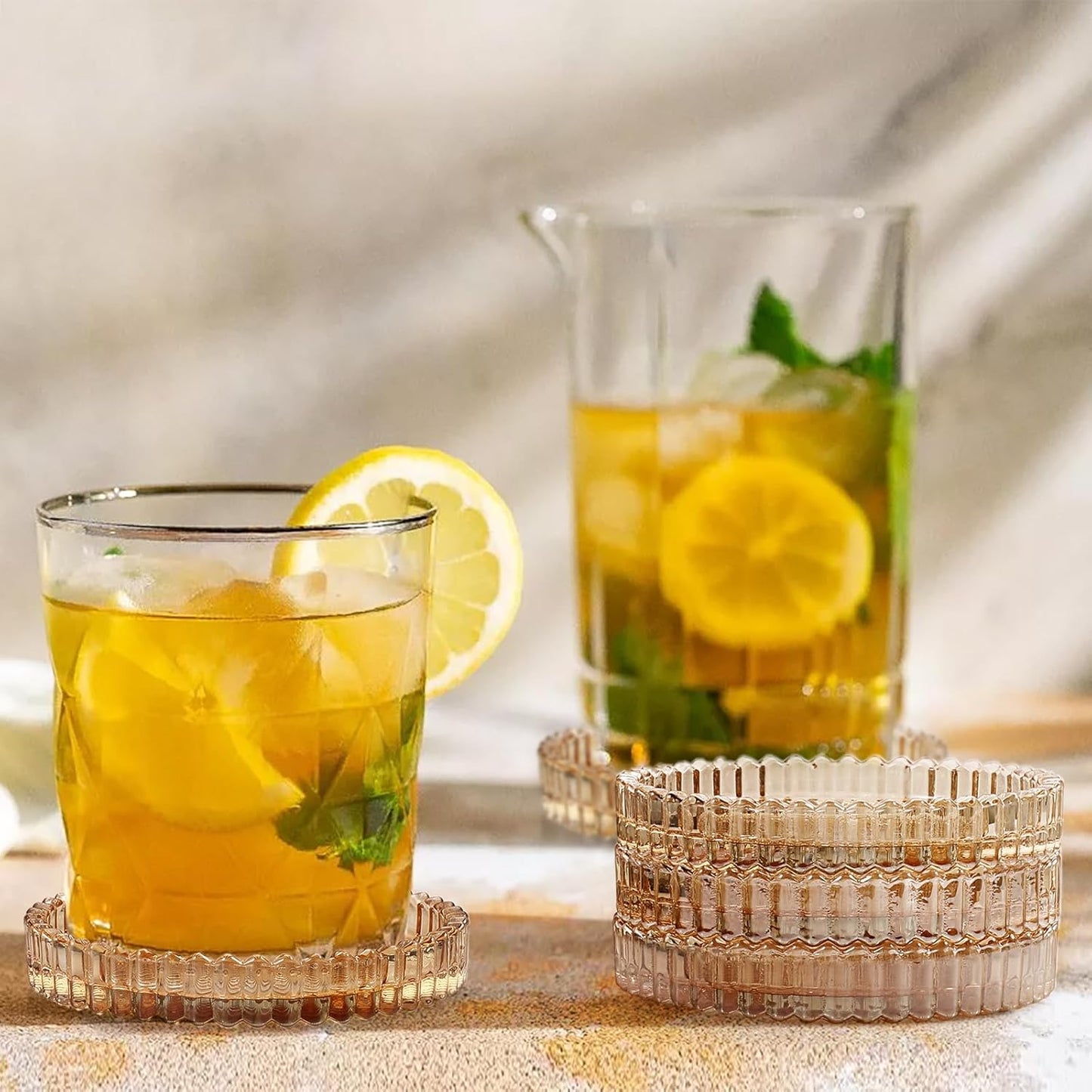 Amber Glass Coaster Set of 8 - Elegant Round Coasters for Drinks, Ideal for Coffee Tables, Offices, Kitchens, Bars, Dining Rooms, Living Rooms, and Patios