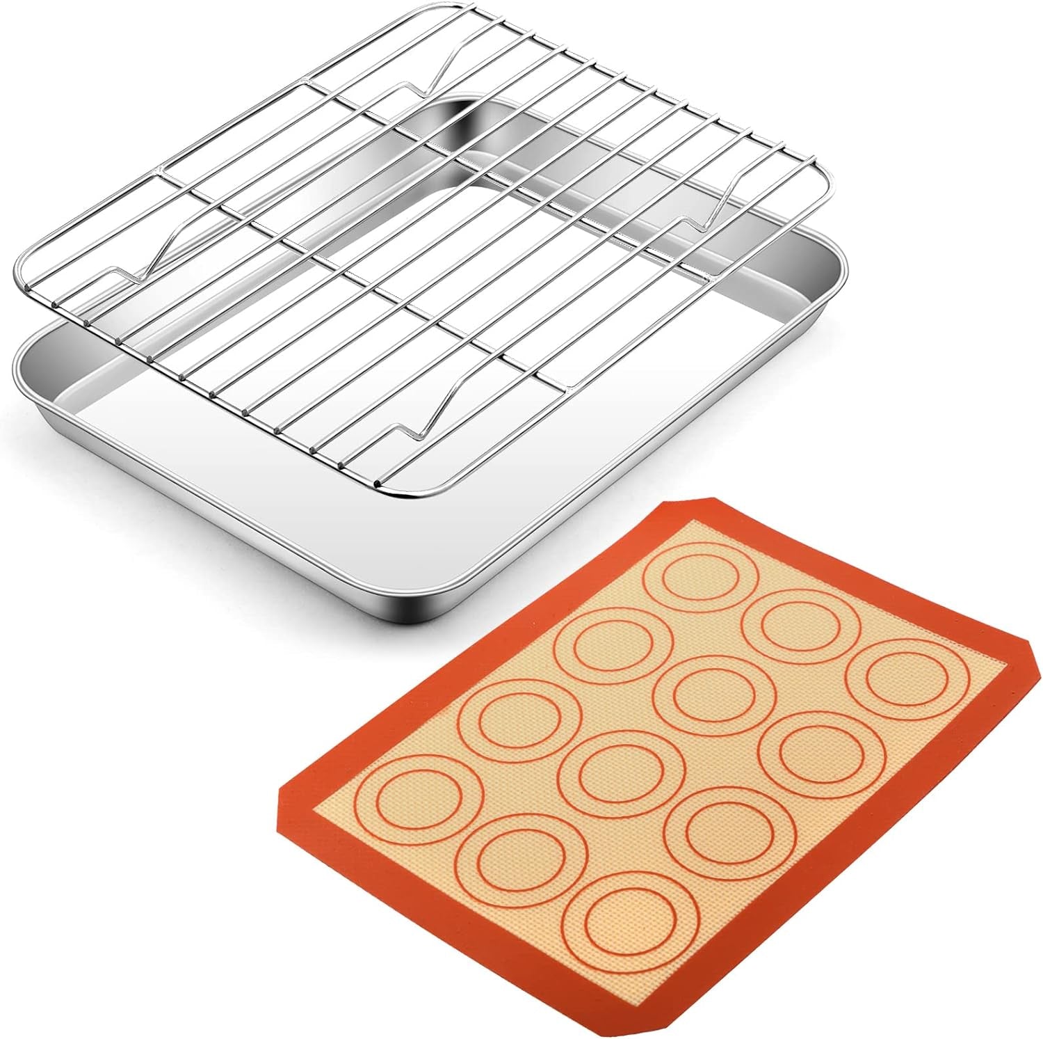 9 Inch Baking Oven Sheet Pan with Rack & Mat for Cookie, Stainless Steel Oven Sheet Tray Cooling Rack and Silicone Mat for Baking & Roasting, Dishwasher Safe & Healthy, 3Pcs