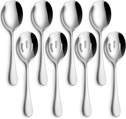 8-Piece Serving Set - Includes 4 Spoons and 4 Slotted Spoons, 18/8 Stainless Steel Buffet Utensils - Mirror Polished, Dishwasher Safe, 8.6-Inch