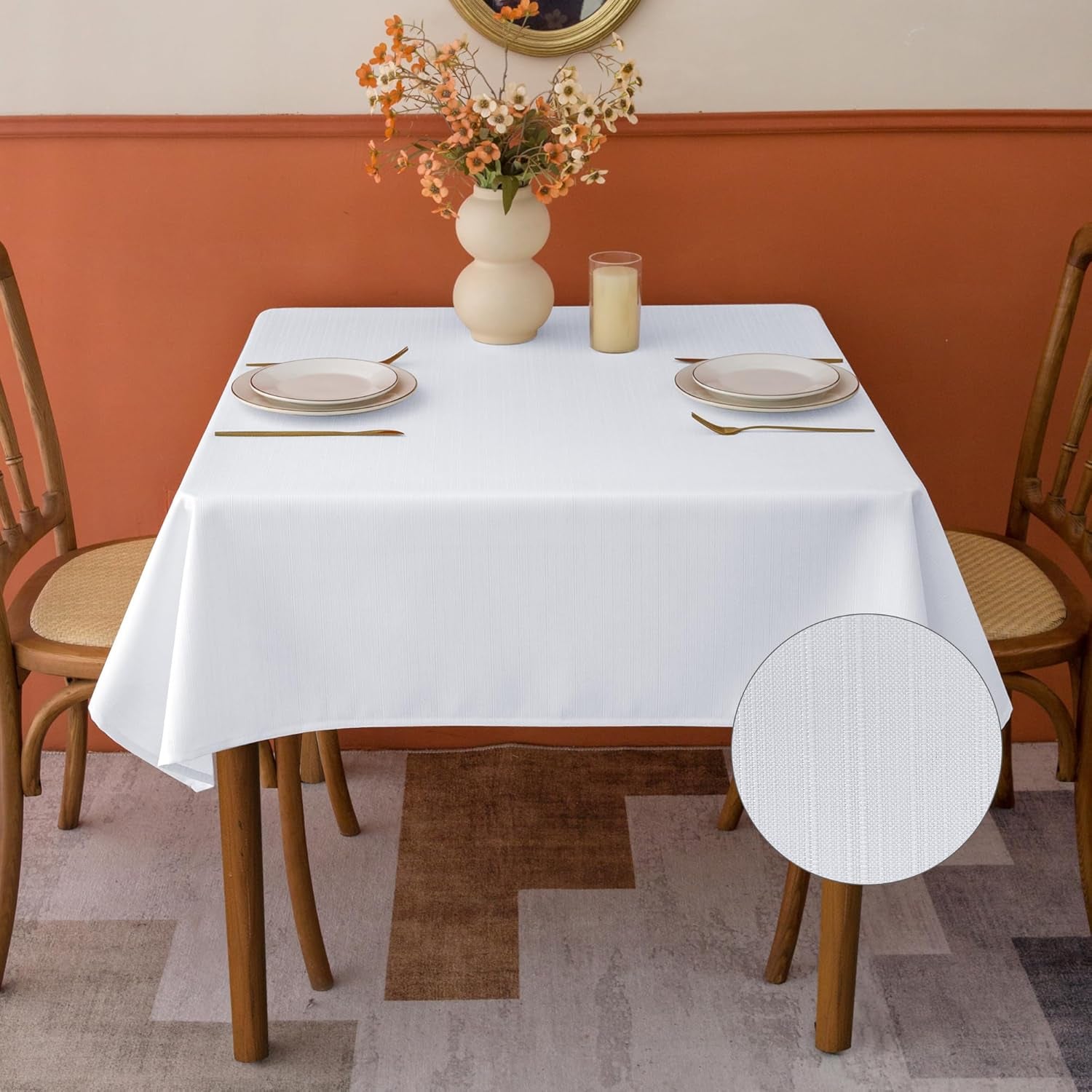 White Stripe Textured Tablecloth Set, 2 Pack - 54 x 54 Inches - Stain-Resistant and Washable Square Table Covers for Events, Banquets, and Weddings