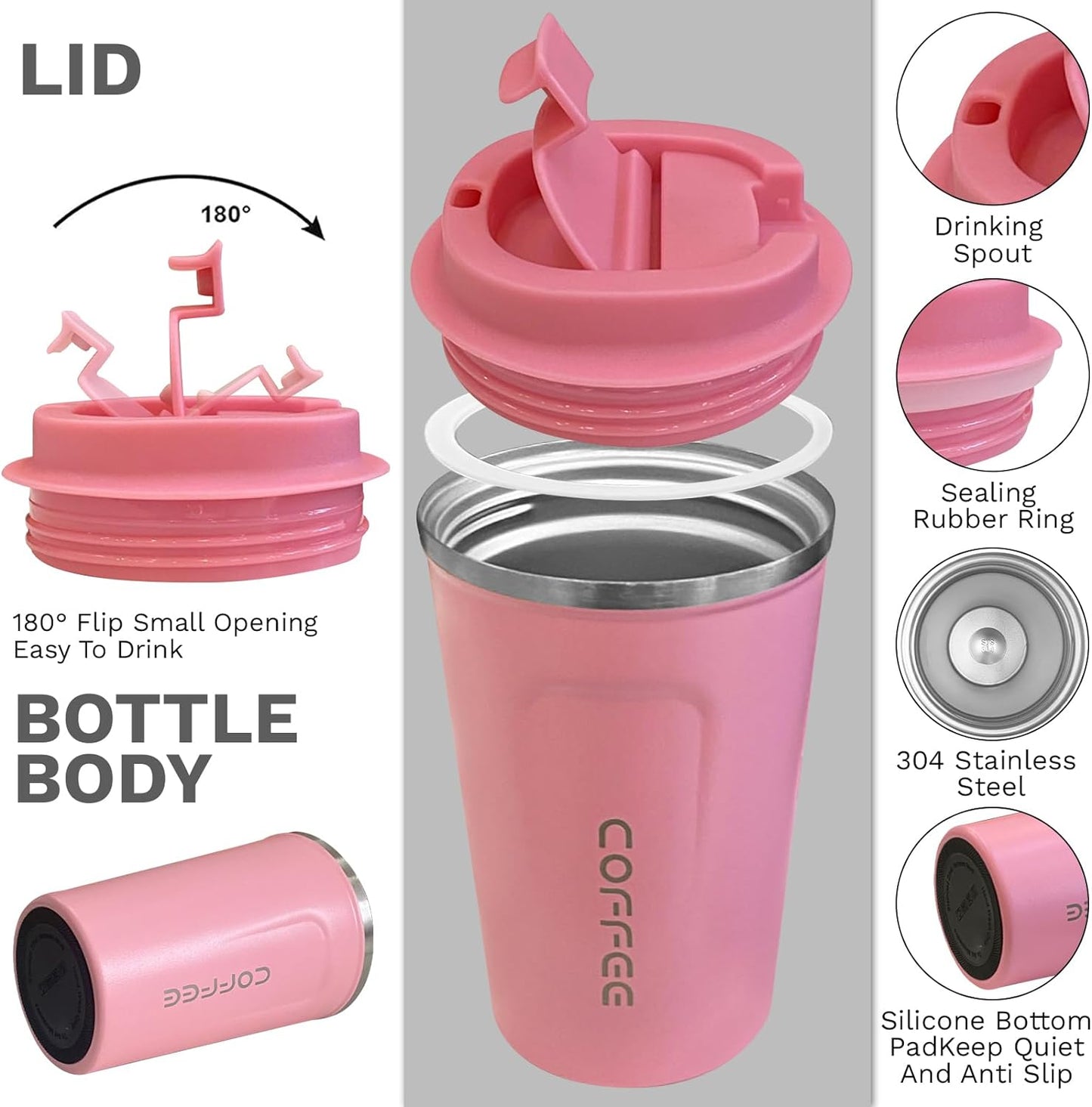 Insulated Travel Coffee Mug, Spill & Leak Proof, Portable to Go Camping Stainless Steel Coffee Tumbler, Reusable Thermal Coffee Cup with Lid for Hot & Cold Drinks (2Nd-Pink, 12 OZ)