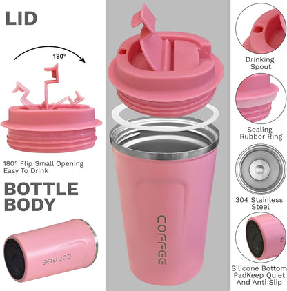 Insulated Travel Coffee Mug, Spill & Leak Proof, Portable to Go Camping Stainless Steel Coffee Tumbler, Reusable Thermal Coffee Cup with Lid for Hot & Cold Drinks (2Nd-Pink, 12 OZ)