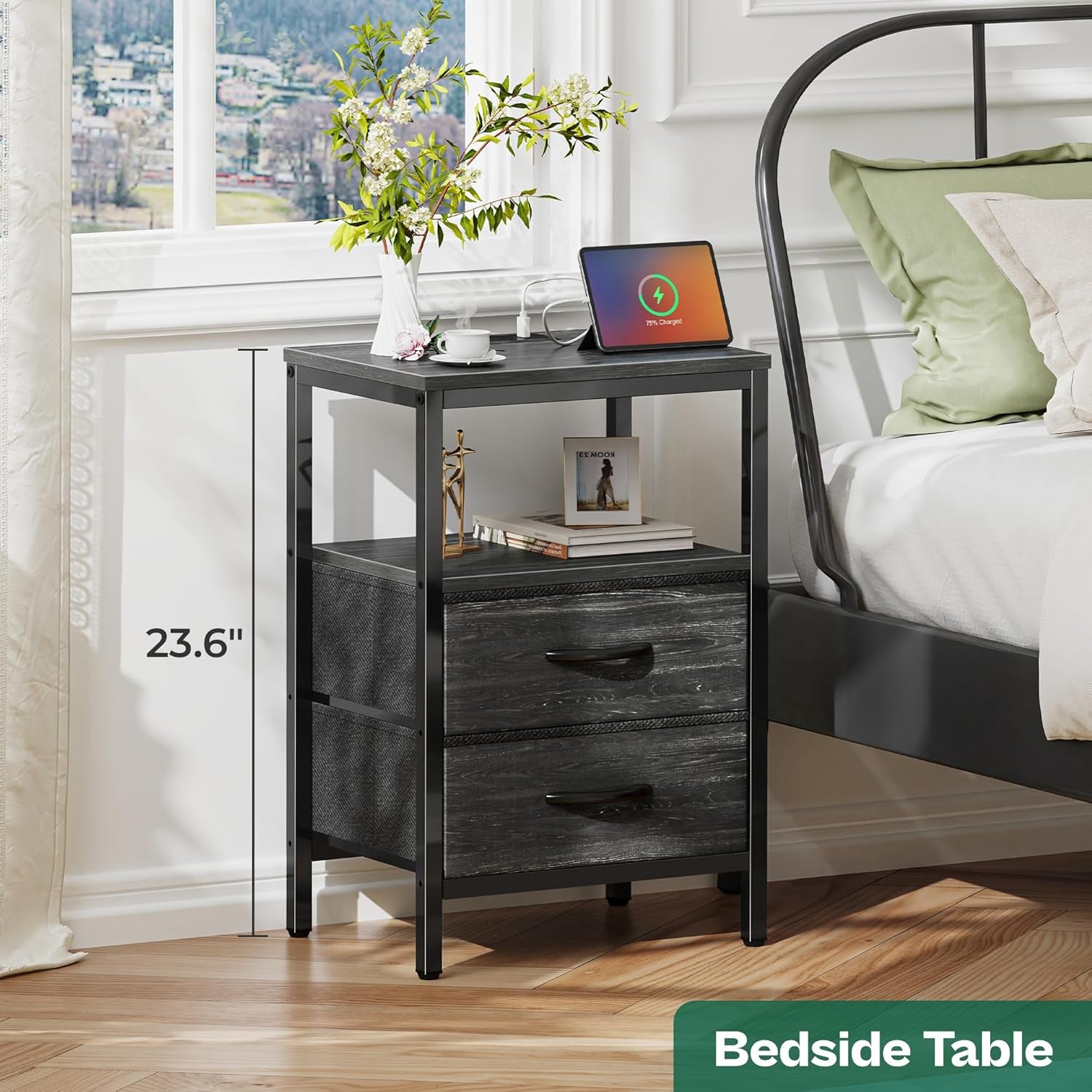 Elegant Nightstand with Integrated Charging Station, Fabric Storage Drawers, Open Shelf Design, USB Ports and Outlets, Charcoal Black Wood Grain Finish
