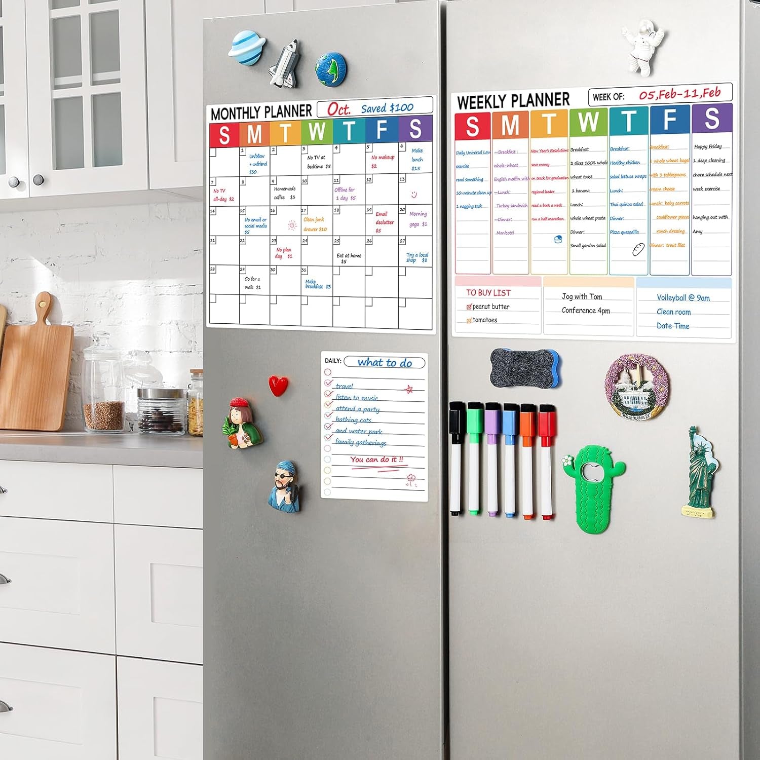 3 Pack Dry Erase Magnetic Calendar for Refrigerator - Monthly & Weekly & Daily Planner Magnet Whiteboard for Fridge Wall - Shopping, Meal/Menu, to Do List, Family Schedule Planning Board (9CO-3RIZH)