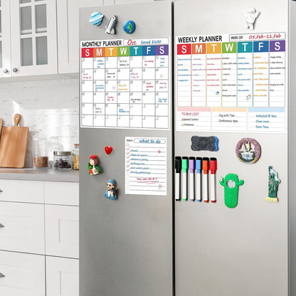 3 Pack Dry Erase Magnetic Calendar for Refrigerator - Monthly & Weekly & Daily Planner Magnet Whiteboard for Fridge Wall - Shopping, Meal/Menu, to Do List, Family Schedule Planning Board (9CO-3RIZH)