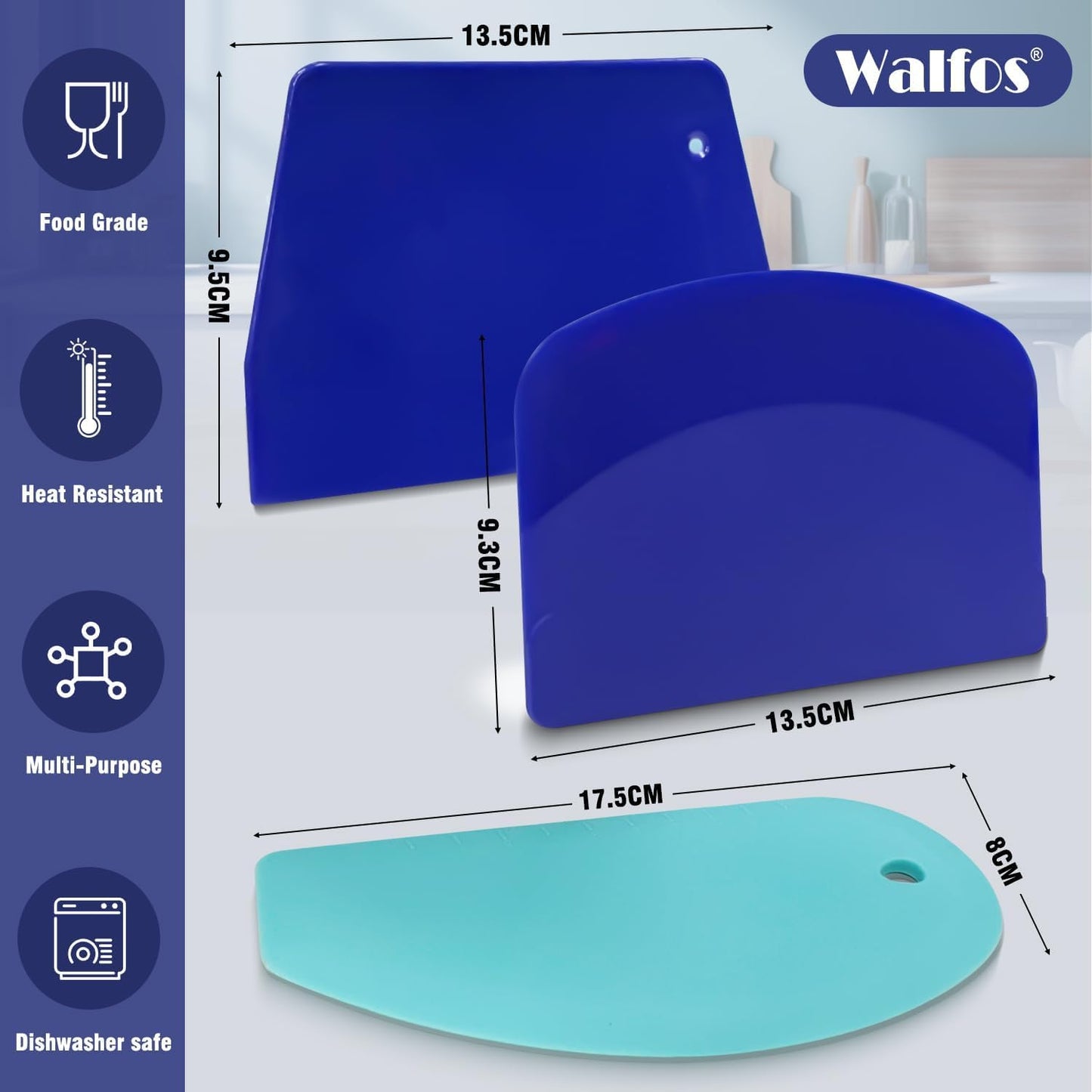 Dough Scraper Set of 3, Flexible Silicone Bowl Spatula, Kitchen Plastic Bench Dough Scraper Tool for Bread Dough, Sourdough, Cake, Fondant Icing, Blue & Teal/Aqua…