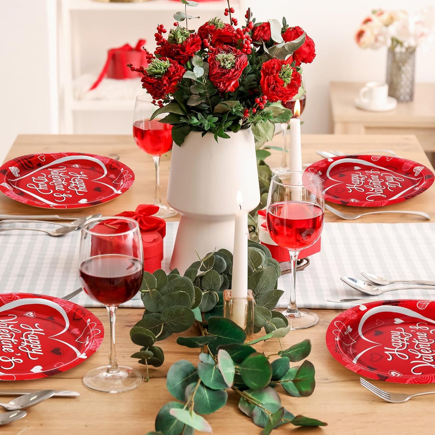 50 PCS Valentines Paper Plates, 9-Inch round Heart Plates, Happy Valentines Day Design Red Heart Plates Heart Disposable Plates, Heart Decorations for Party Wedding Birthday Anniversary