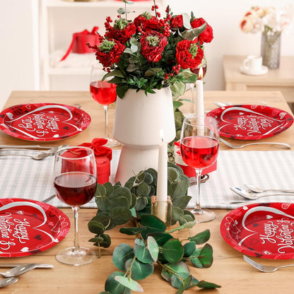 50 PCS Valentines Paper Plates, 9-Inch round Heart Plates, Happy Valentines Day Design Red Heart Plates Heart Disposable Plates, Heart Decorations for Party Wedding Birthday Anniversary