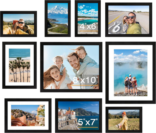 10 Pack Picture Frames Collage Wall Decor for Mounting or Tabletop Display, Gallery Wall Frame Set with Two 8X10 Black Frames, Four 5X7 Frames and Four 4X6 Frames, Multi-Pack Photo Frame Set