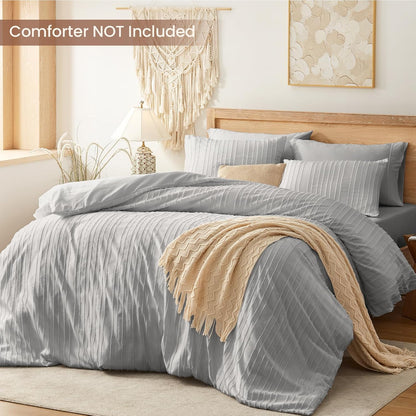 Light Grey Duvet Cover King Size - Striped Tufted King Duvet Cover Set with Zipper Closure, 3Pcs Soft Microfiber Boho Bedding Set for All Seasons (King, 104"X90")